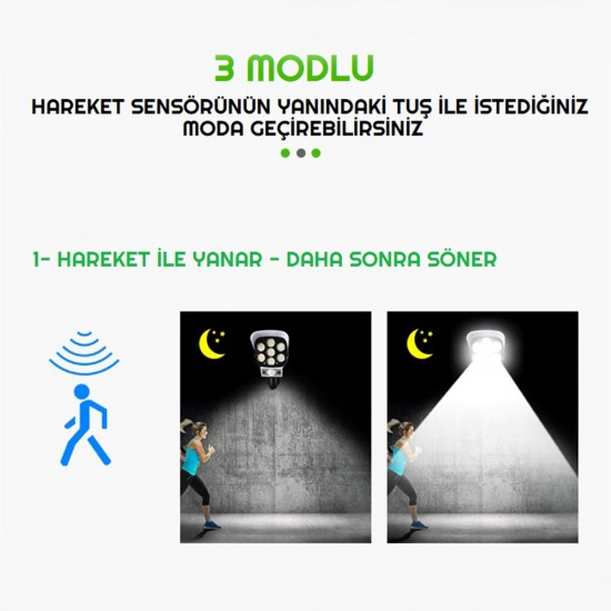 Kamera Görünümlü Güneş Panelli Lamba Hareket Sensörlü Uzaktan Kumandalı Solar Bahçe Lambası