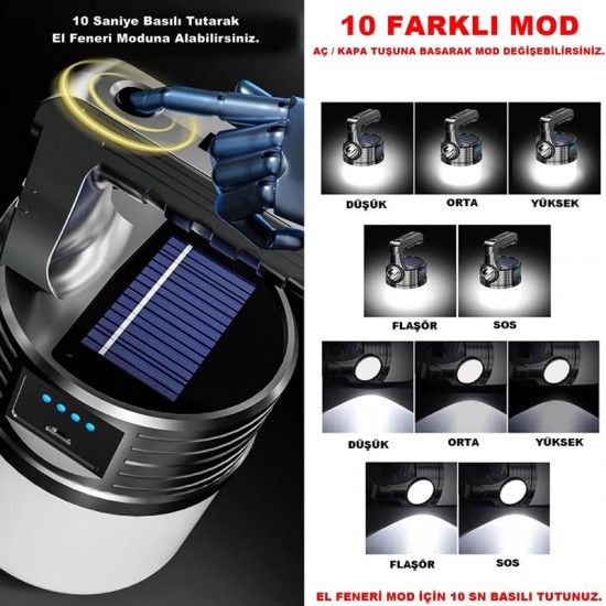 300W 10 Modlu Güneş Enerjili Solar Aydınlatma Kamp Çadır Lambası Şarjlı El Feneri 300W 10 Modlu Güneş Enerjili Solar Aydınlatma Kamp Çadır Lambası Şarjlı El Feneri