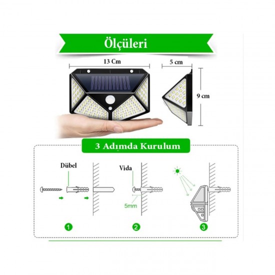 100 Ledli Güneş Panelli Duvar Lambası Solar Aydınlatma